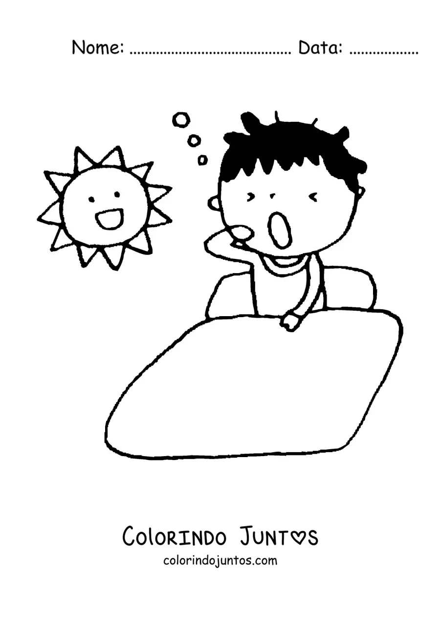 Desenho para colorir de um desenho de um menino bocejando pela manhã