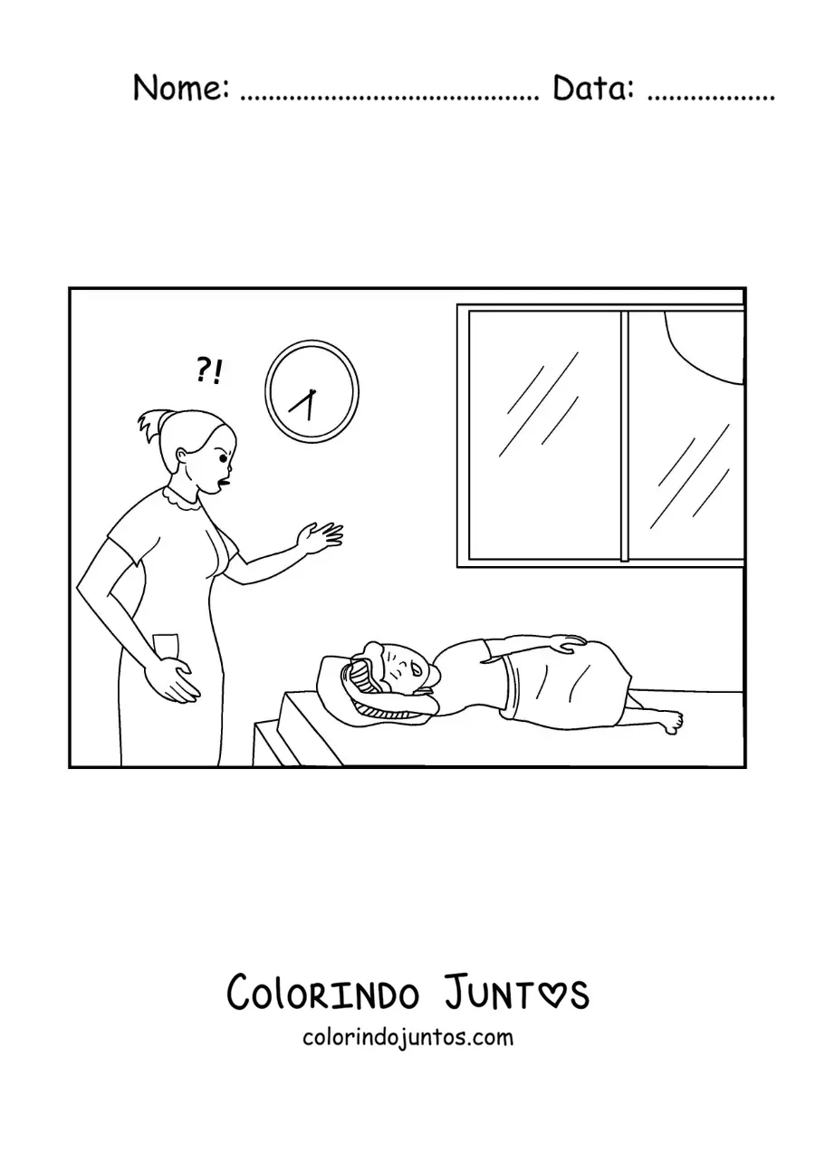 Desenho para colorir de uma mãe irritada acordando o filho cedo