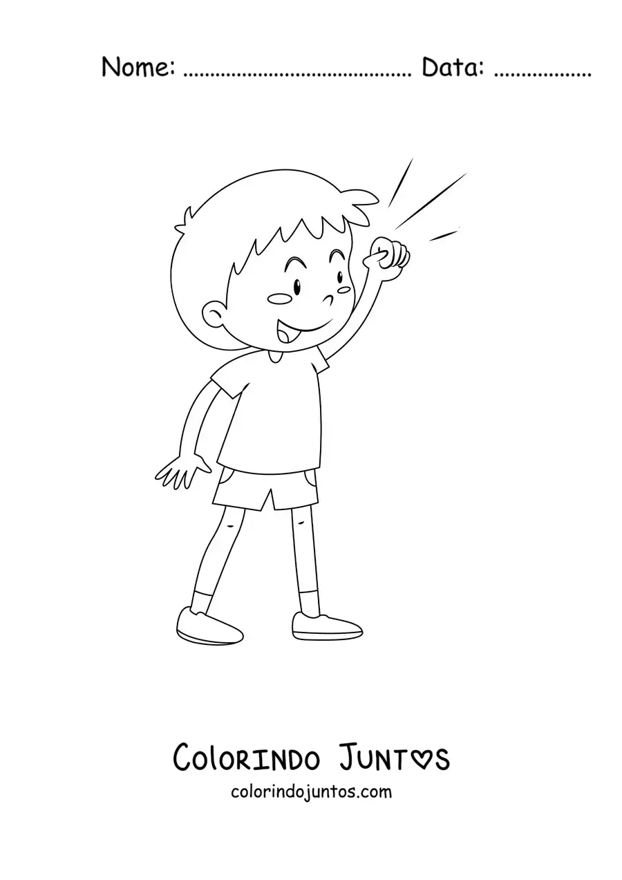 Desenho para colorir de um menino alegre comemorando com o punho erguido