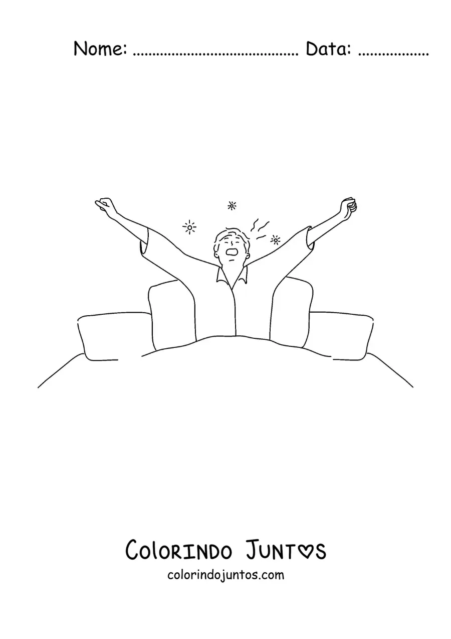 Desenho para colorir de um menino se espreguiçando na cama ao acordar