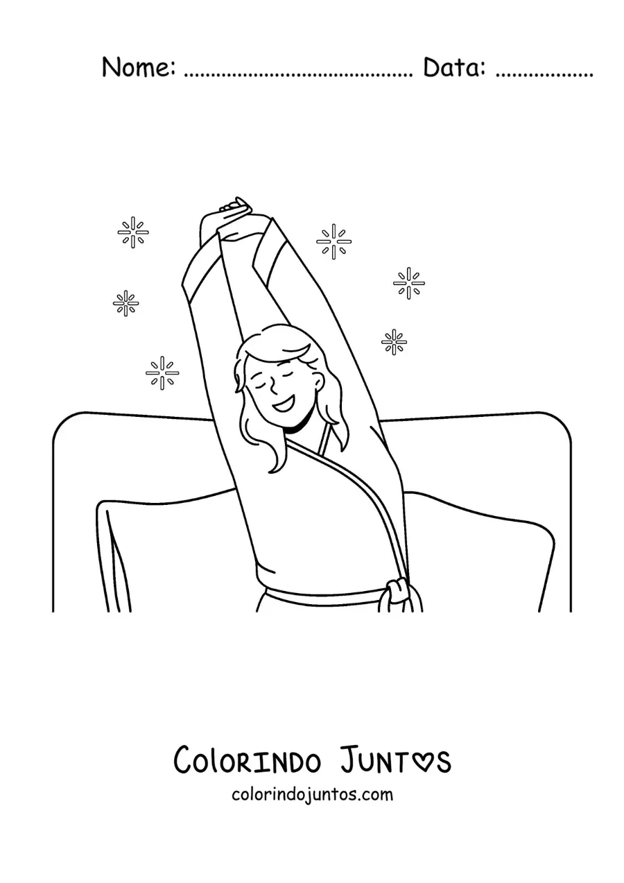 Desenho para colorir de uma menina se espreguiçando na cama ao acordar