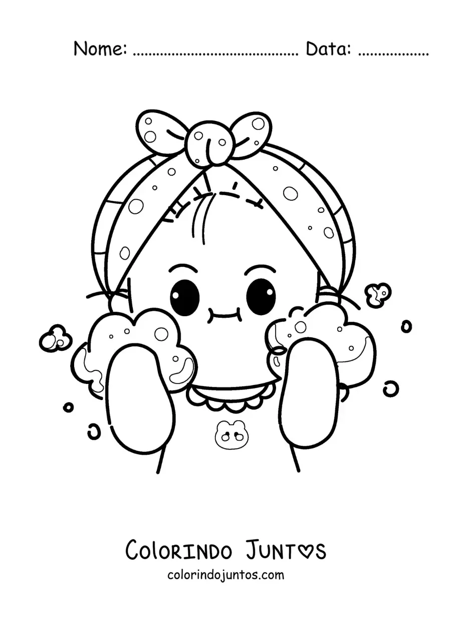 Desenho para colorir de uma menina kawaii lavando o rosto ao acordar de manhã