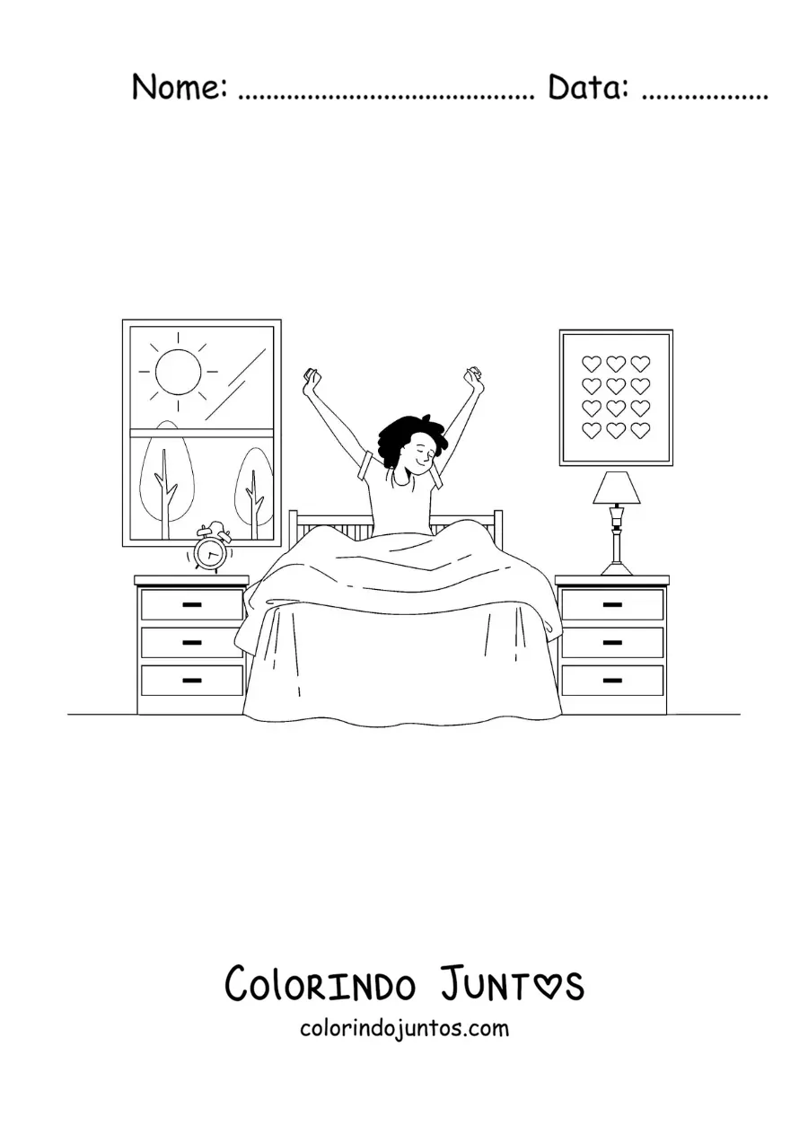Desenho para colorir de um menino acordando no quarto com um despertador