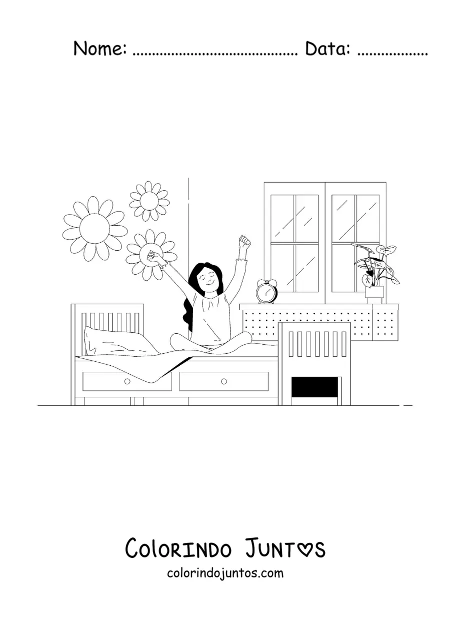 Desenho para colorir de uma menina saindo da cama com um despertador