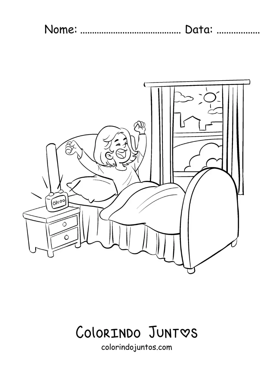 Desenho para colorir de uma menina animada acordando no quarto com um despertador