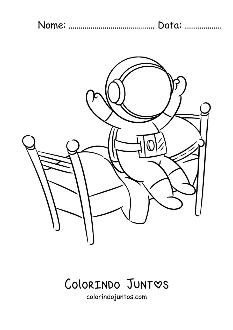 Desenho para colorir de um astronauta animado saindo da cama