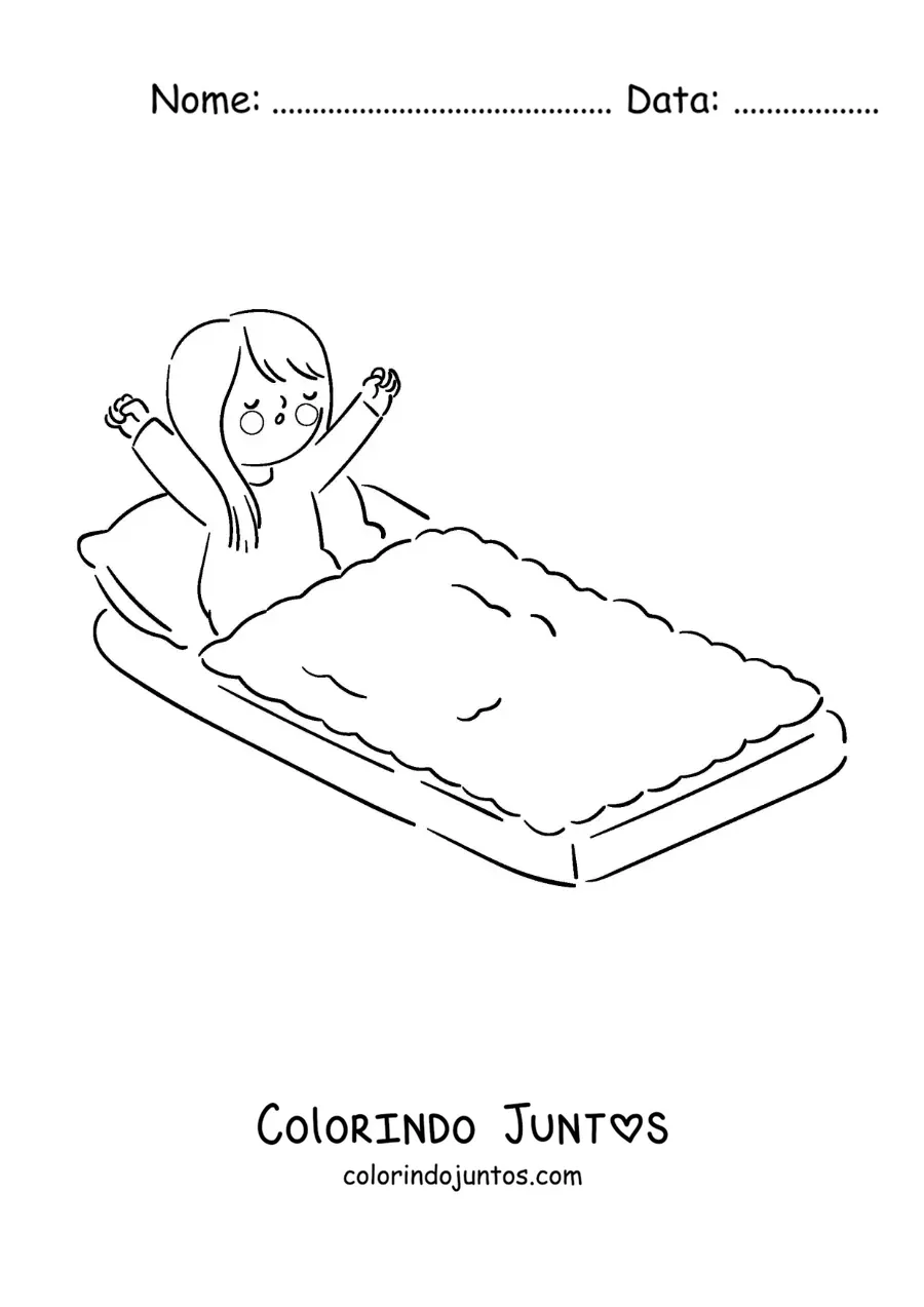 Desenho para colorir de uma menina kawaii acordando na cama