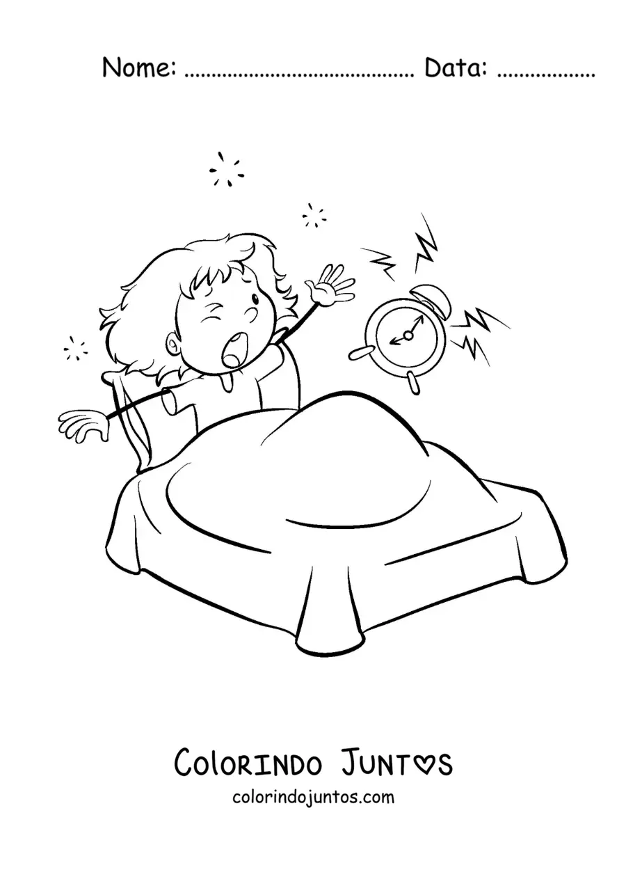 Desenho para colorir de uma menina animada acordando na cama com um despertador