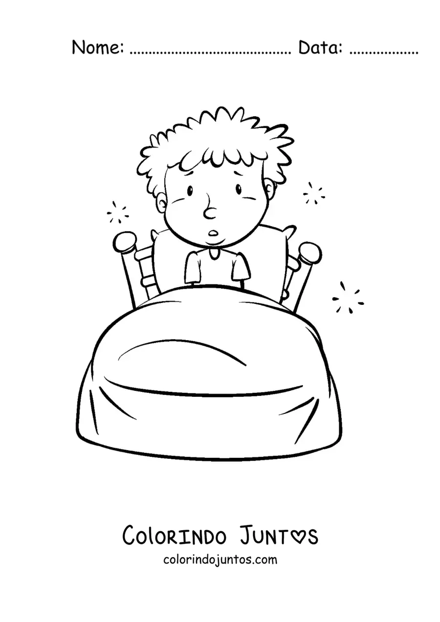 Desenho para colorir de um menino animado acordando na cama