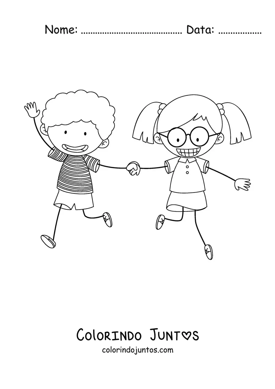 Desenho para colorir de um menino e uma menina de mãos dadas correndo