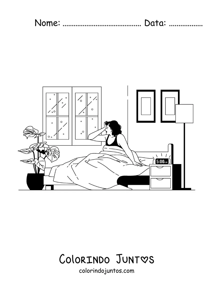 Desenho para colorir de uma mulher saindo da cama cedo