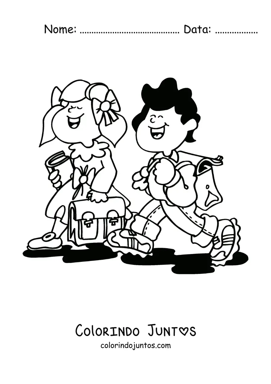 Desenho para colorir de duas crianças a caminho da escola