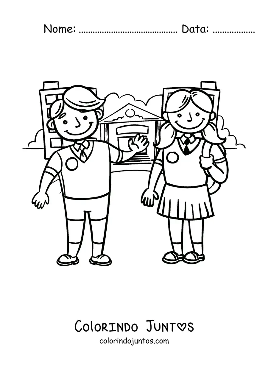 Desenho para colorir de duas crianças animadas de uniforme em frente à escola
