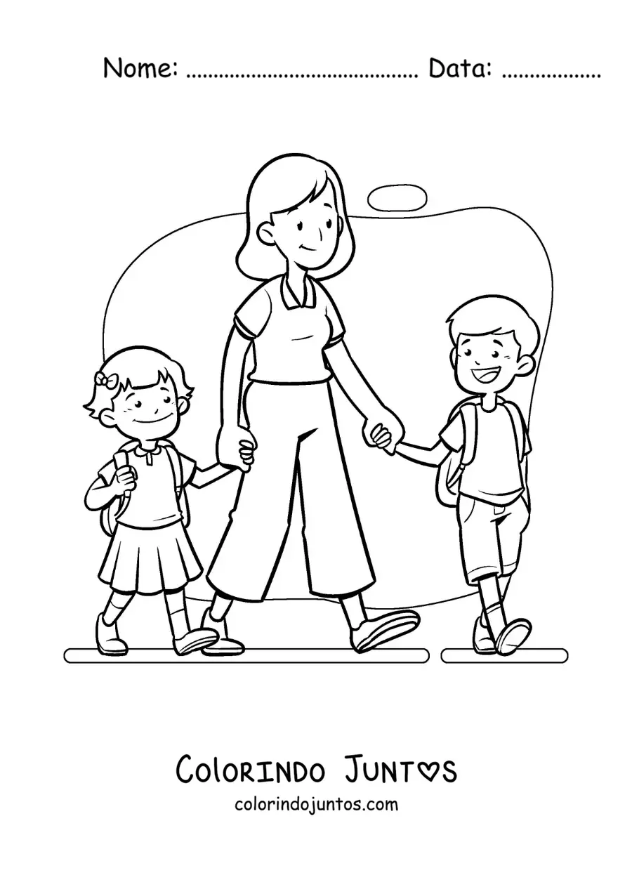 Desenho para colorir de uma mãe animada levando os filhos à escola
