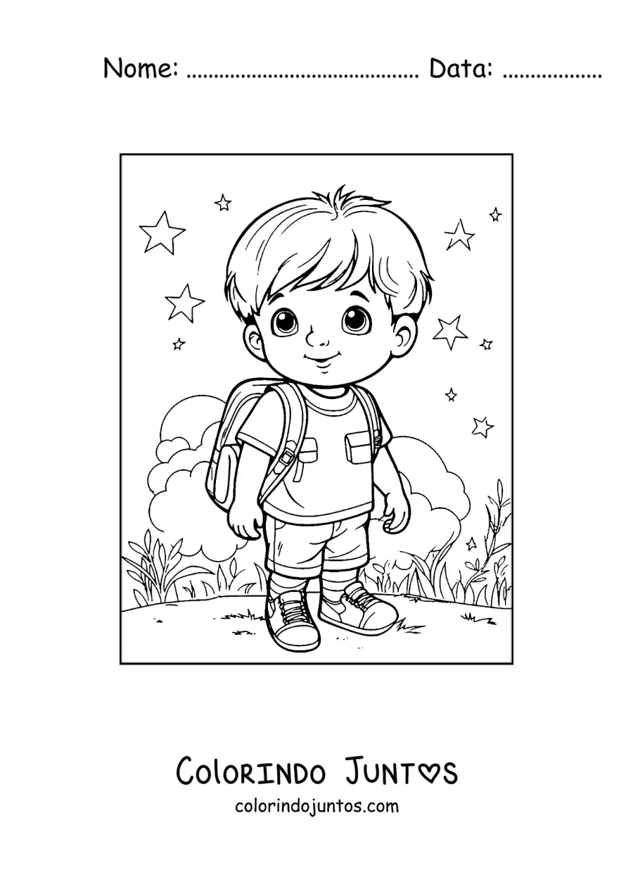 Desenho para colorir de um menino com a mochila a caminho da escola