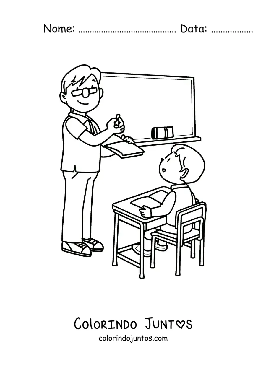 Desenho para colorir de um menino na carteira com o professor explicando no quadro