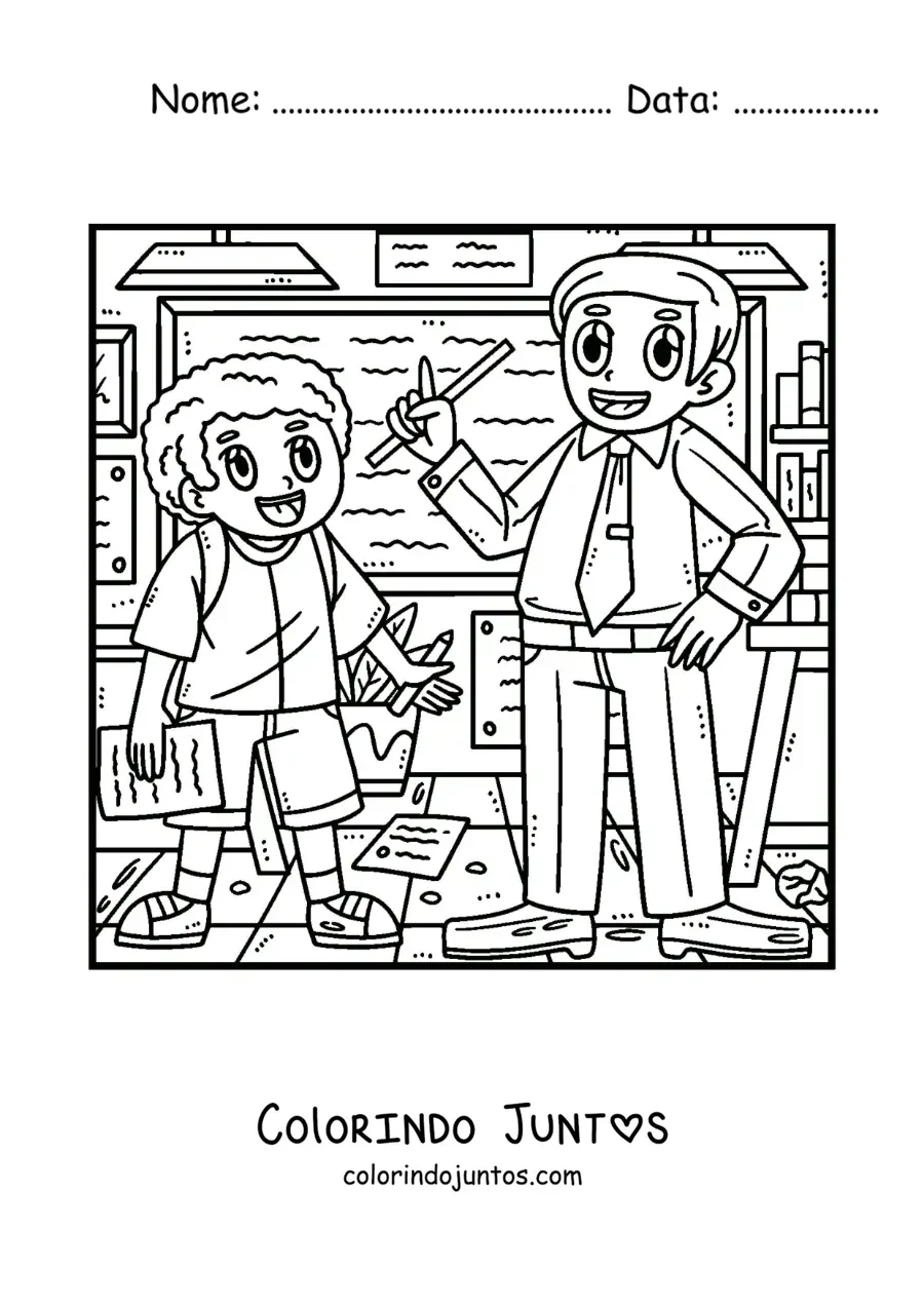 Desenho para colorir de um menino na sala de aula com o professor explicando