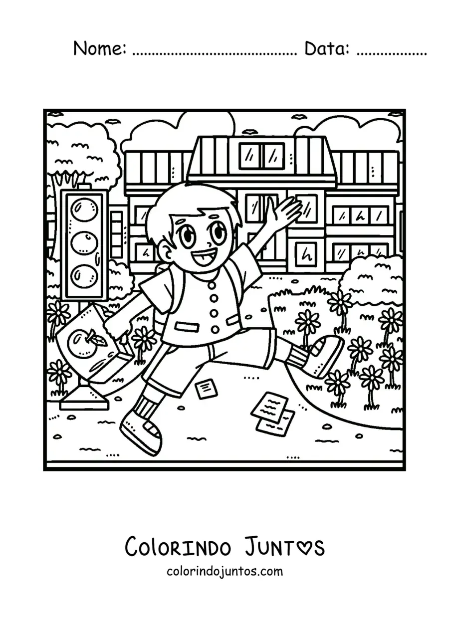 Desenho para colorir de um menino animado de uniforme indo à escola