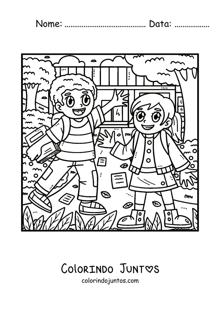 Desenho para colorir de duas crianças animadas caminhando para a escola