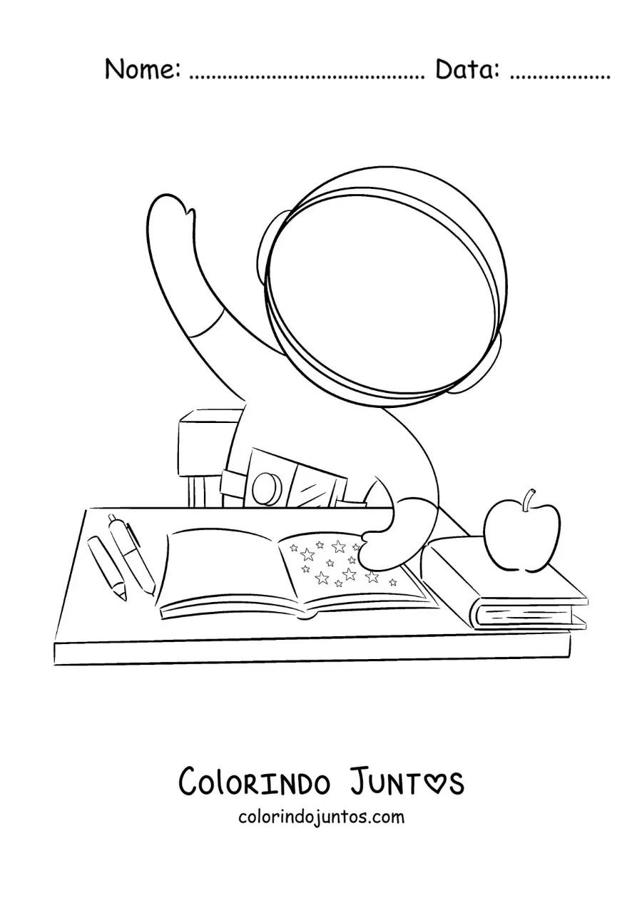 Desenho para colorir de um astronauta animado na escola levantando a mão