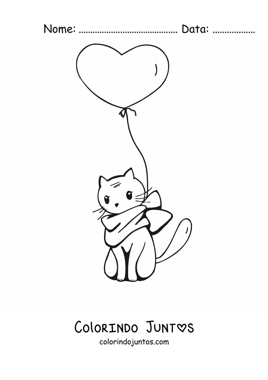 Desenho para colorir de um gato kawaii sentado com um cachecol e um balão em formato de coração