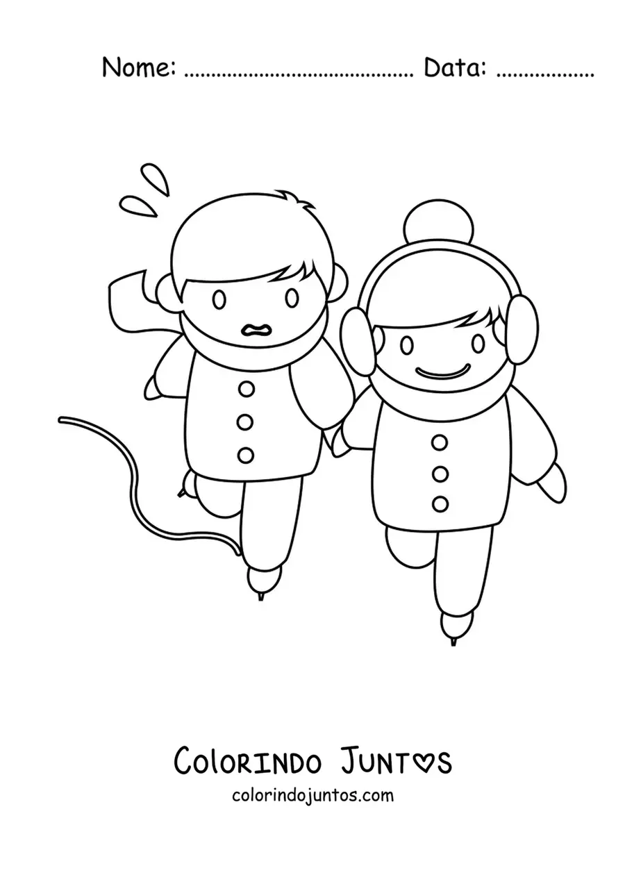 Desenho para colorir de um menino e uma menina patinando no gelo