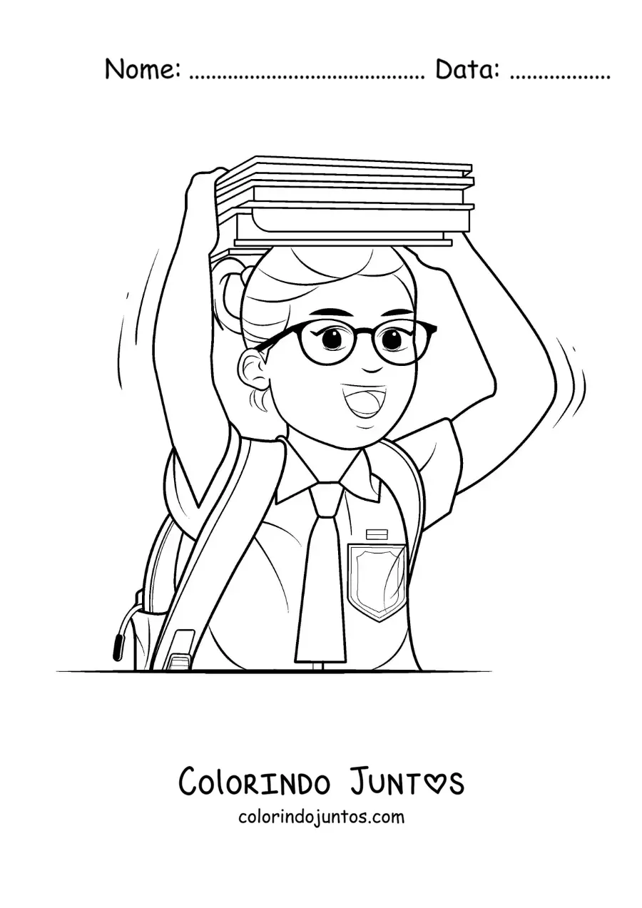 Desenho para colorir de uma menina de uniforme escolar carregando livros