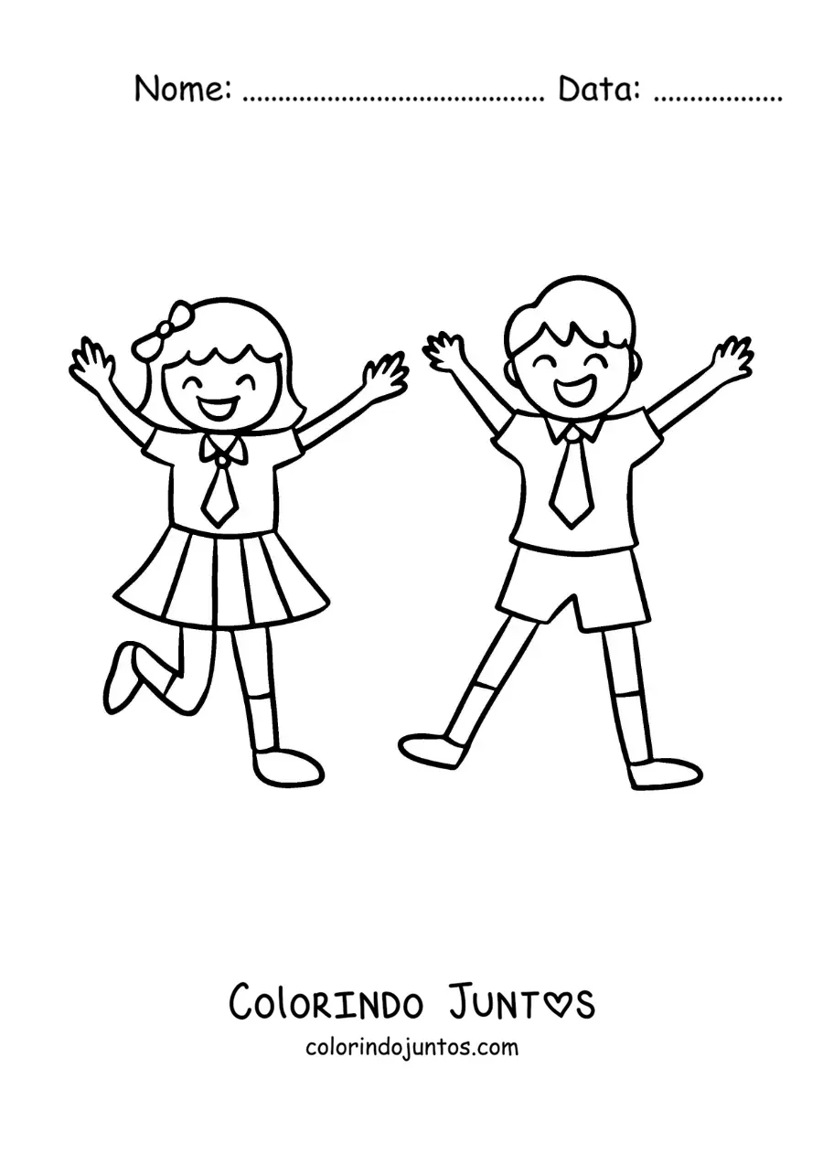 Desenho para colorir de duas crianças animadas de uniforme escolar
