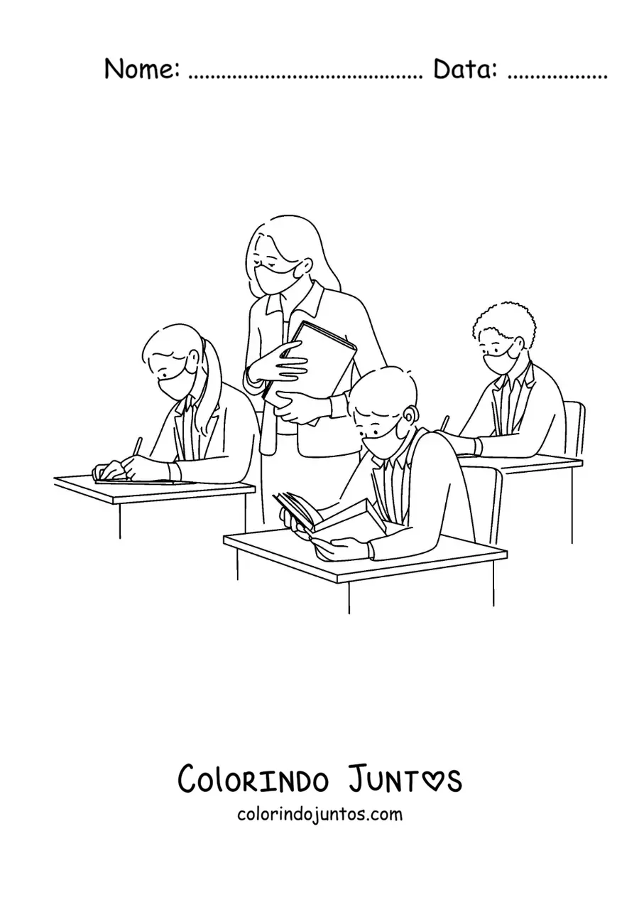 Desenho para colorir de crianças de máscara na sala de aula com a professora
