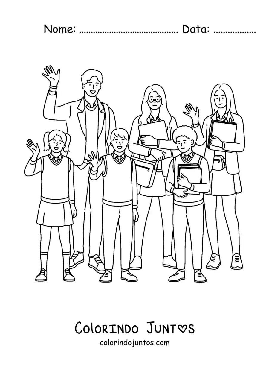 Desenho para colorir de crianças e jovens de uniforme
