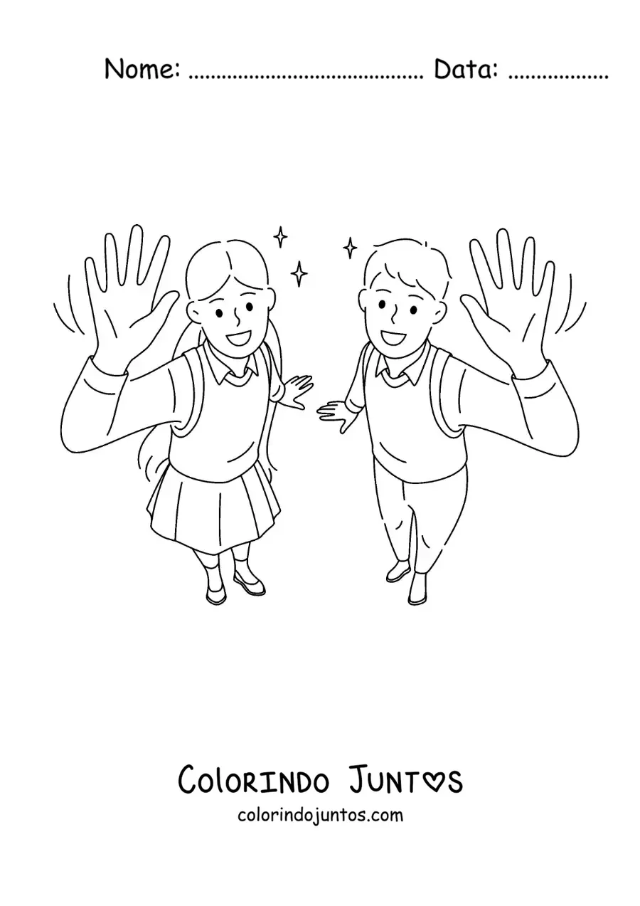 Desenho para colorir de uma menina e um menino de uniforme acenando