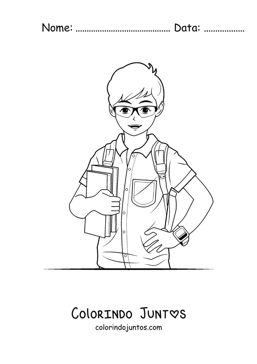 Desenho para colorir de um menino de uniforme com livros