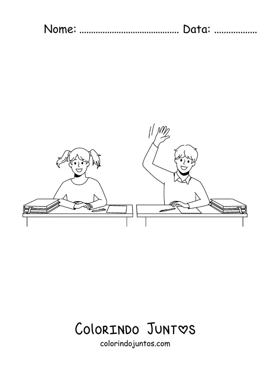 Desenho para colorir de uma menina e um menino na sala de aula