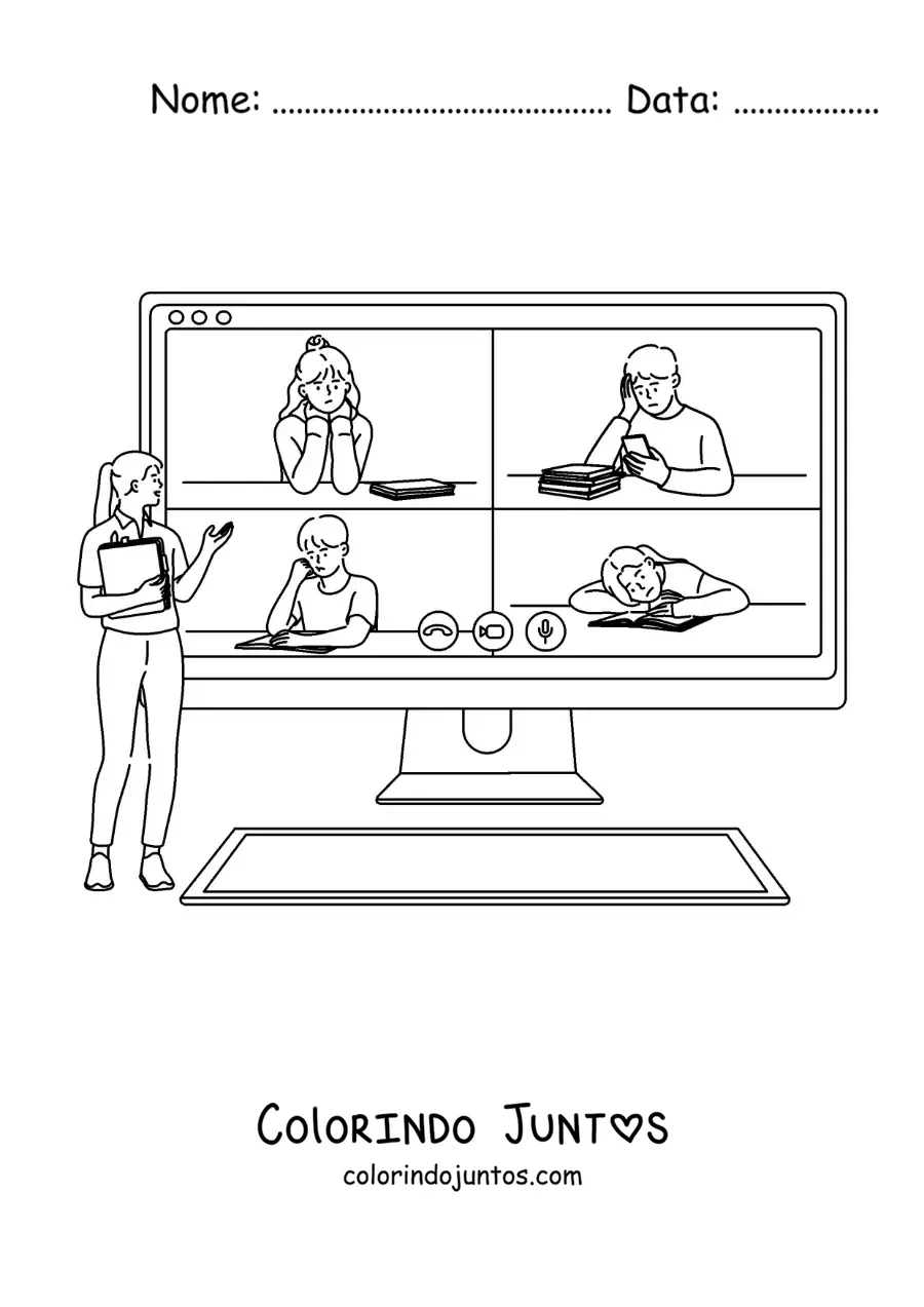 Desenho para colorir de uma tela de computador com crianças estudando em videochamada e a professora explicando