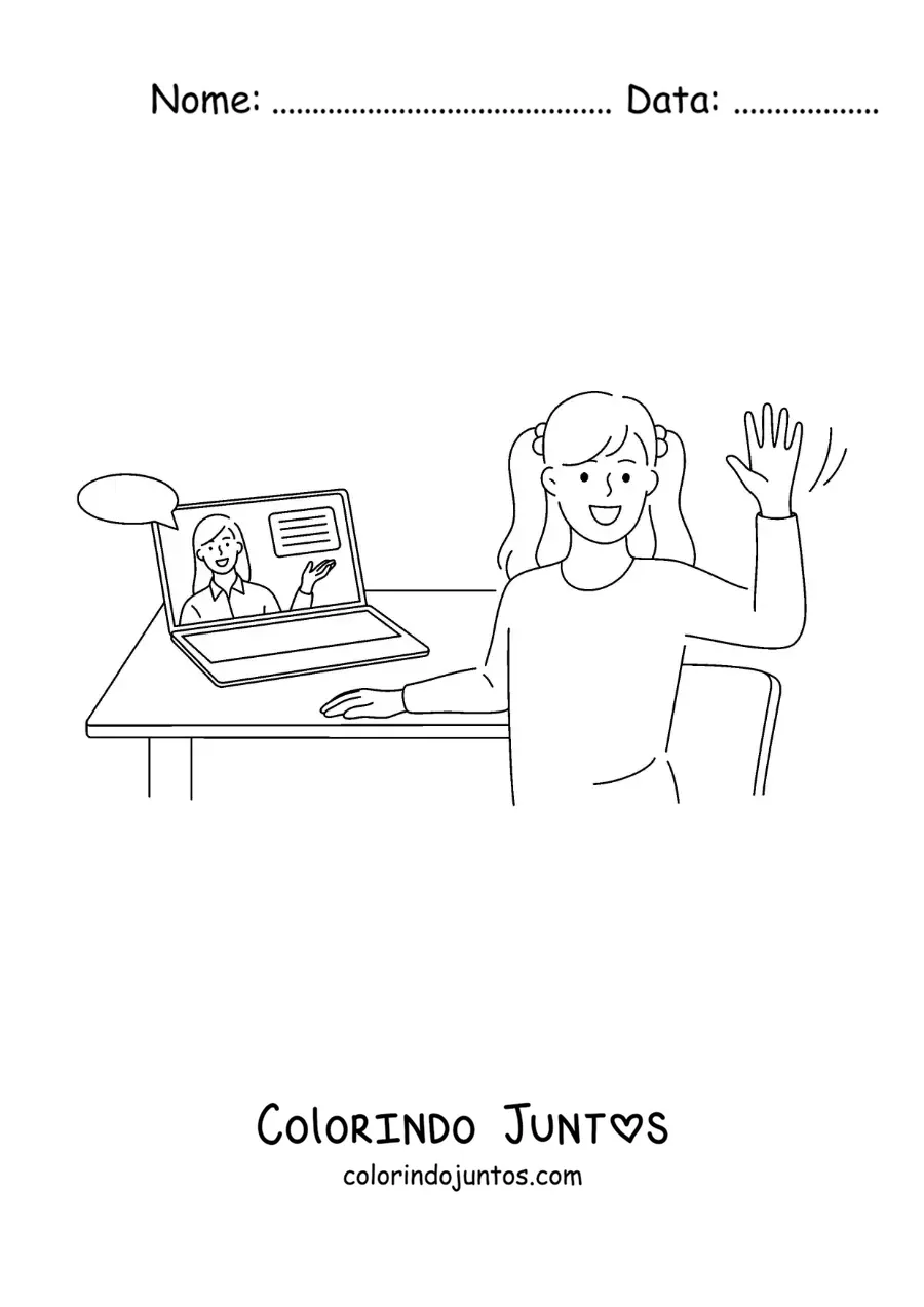 Desenho para colorir de uma menina com o notebook em uma aula online
