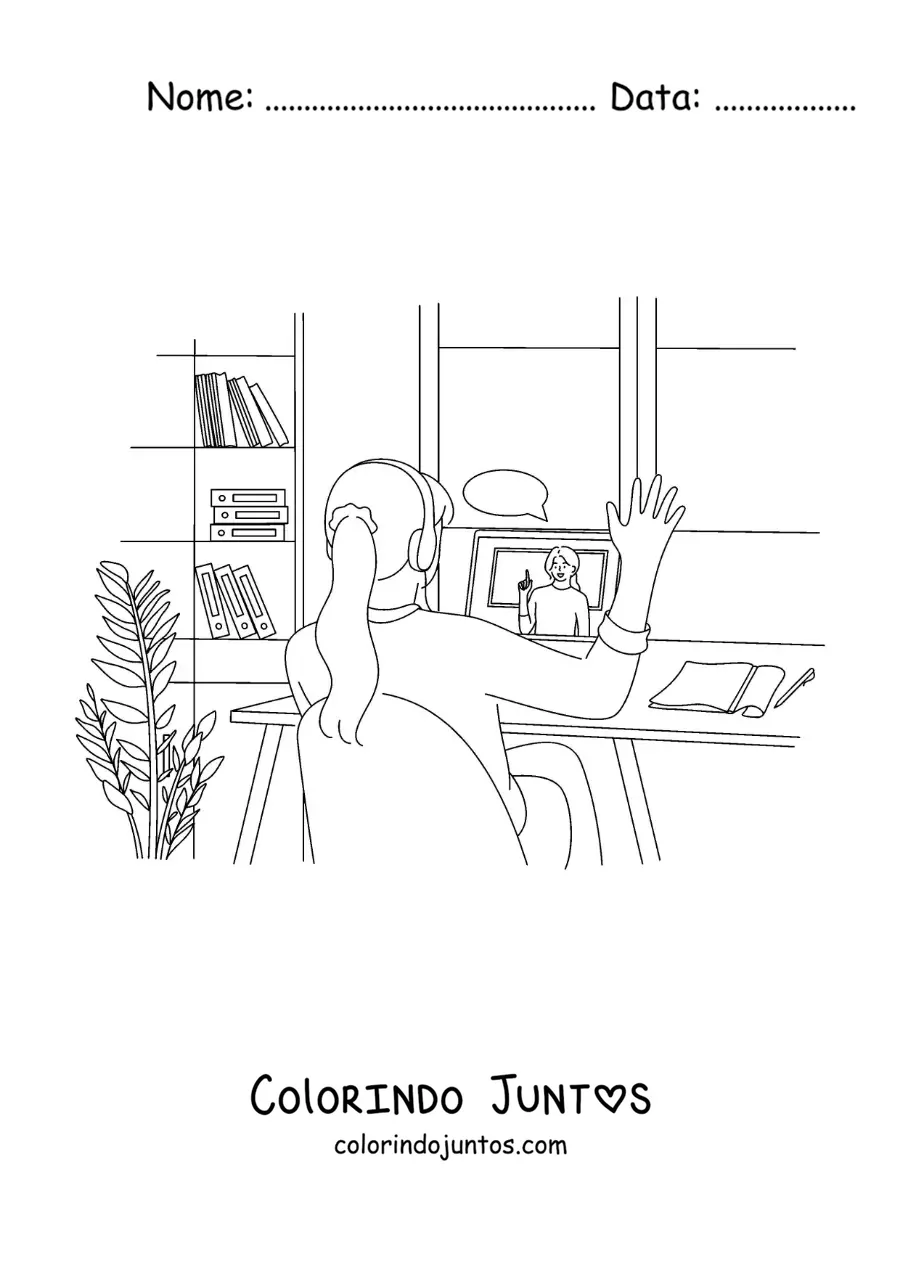 Desenho para colorir de uma menina com fones de ouvido participando de uma aula online