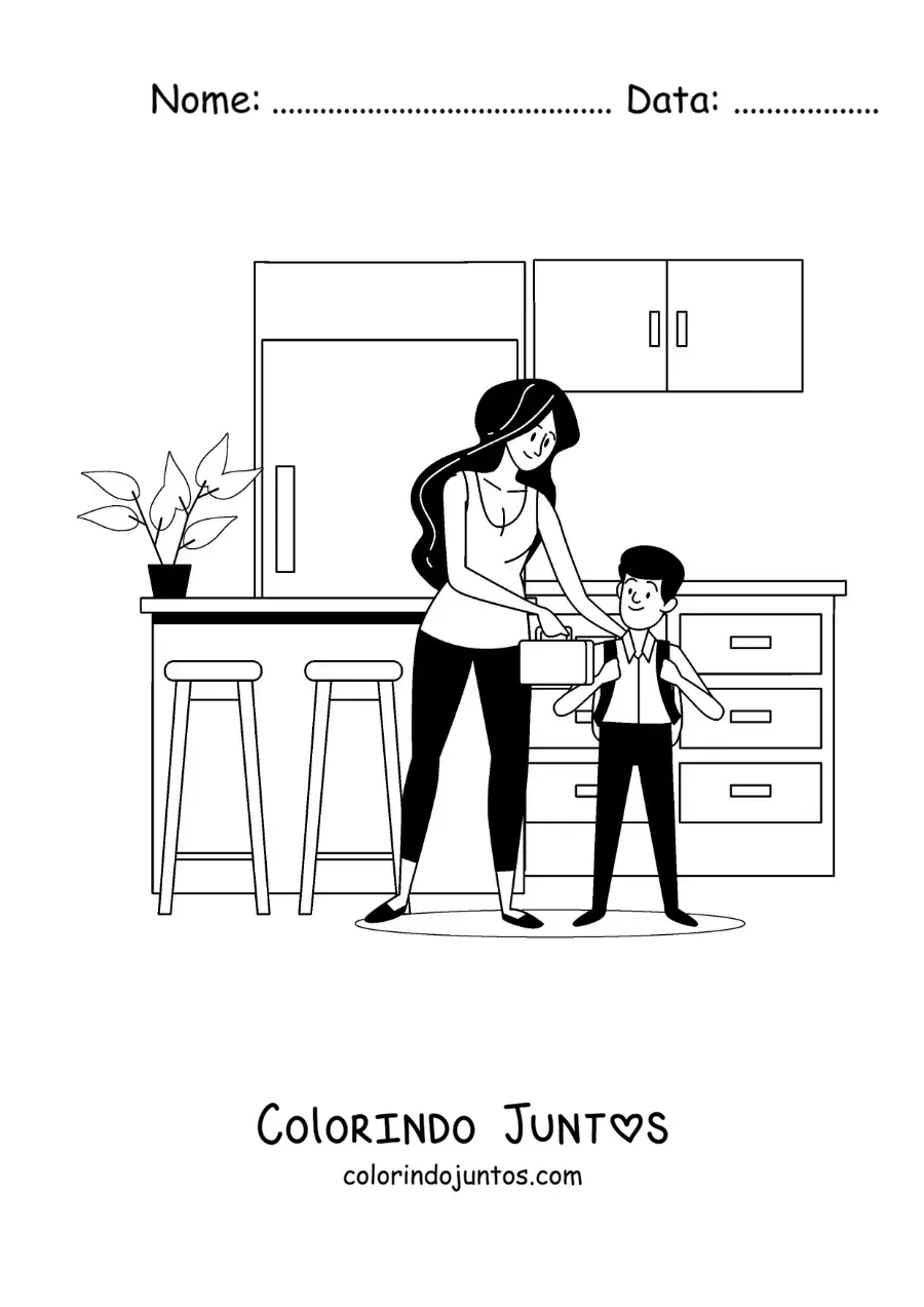 Desenho para colorir de uma mãe entregando uma lancheira com o café da manhã ao filho antes de ir à escola