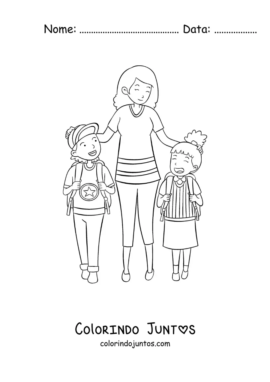 Desenho para colorir de uma mãe caminhando com a filha e o filho até a escola