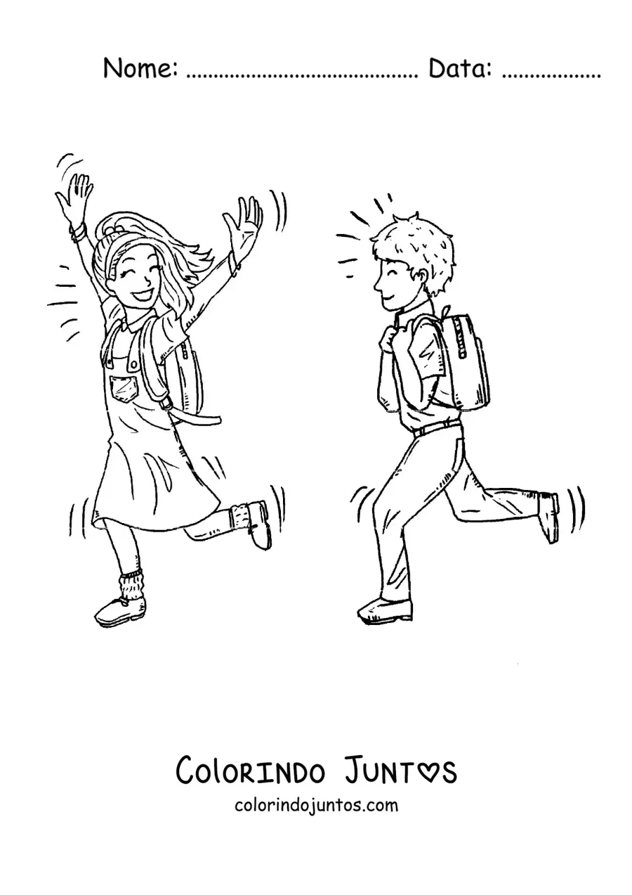 Desenho para colorir de duas crianças correndo para a escola