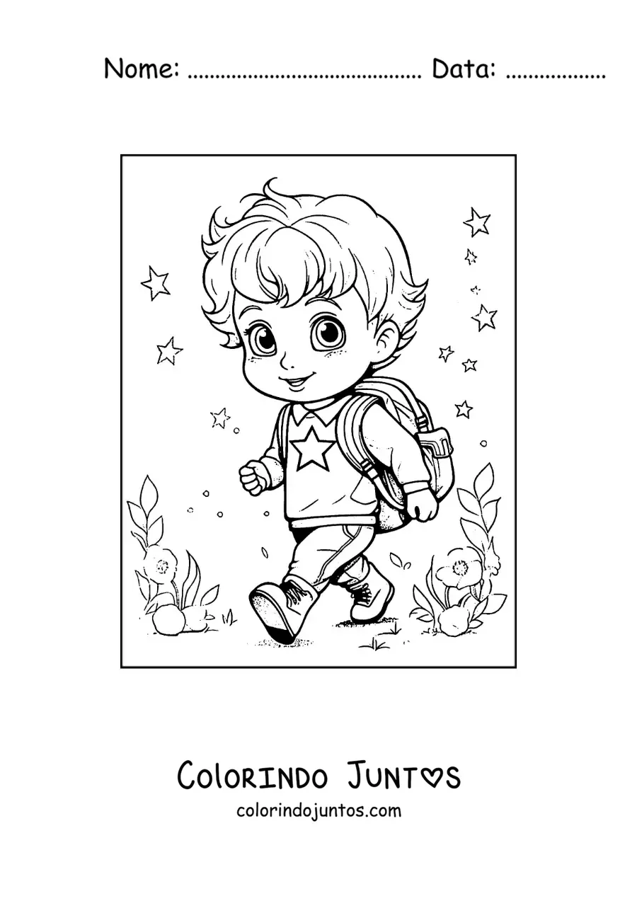 Desenho para colorir de um menino kawaii com a mochila pronto para ir à escola