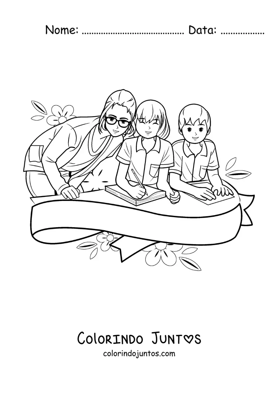 Desenho para colorir de duas crianças na escola com a professora
