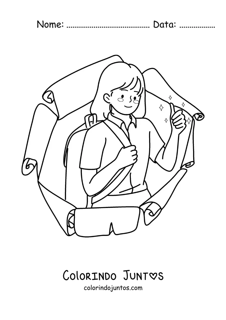 Desenho para colorir de uma menina de uniforme e mochila pronta para a volta às aulas