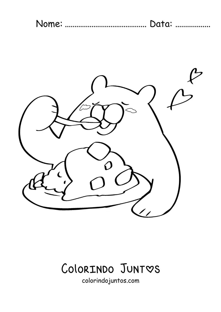 Desenho para colorir de um urso animado comendo em um prato