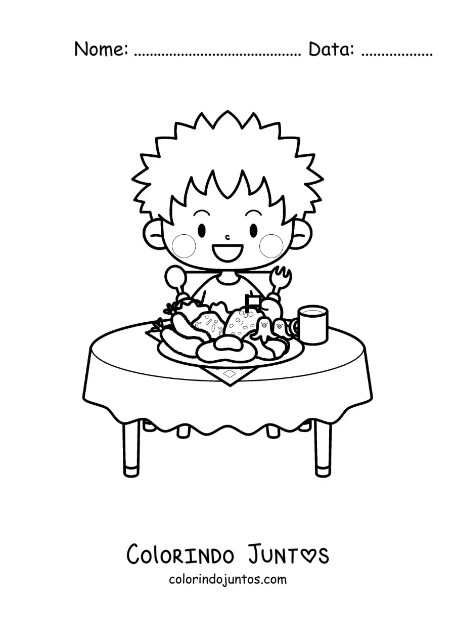 Desenho para colorir de um menino animado sentado à mesa com um prato de comida