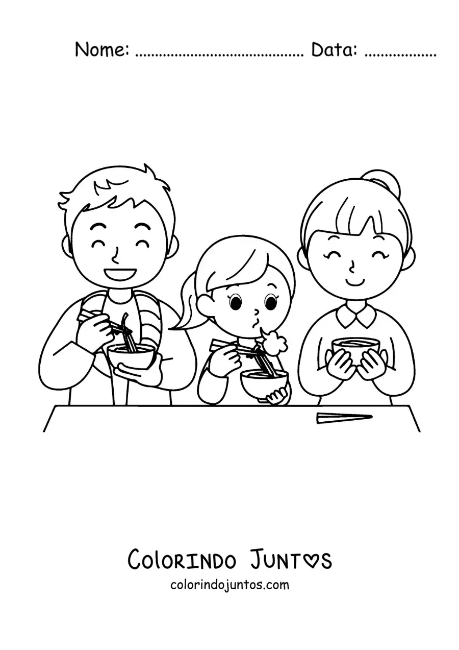 Desenho para colorir de uma família sentada à mesa comendo