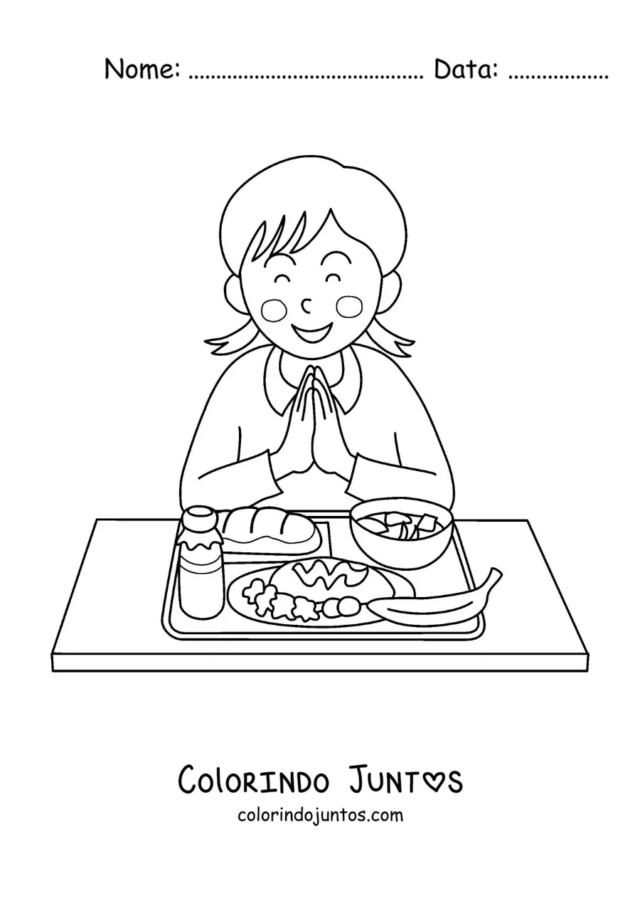 Desenho para colorir de uma menina com as mãos juntas agradecendo o alimento do refeitório escolar