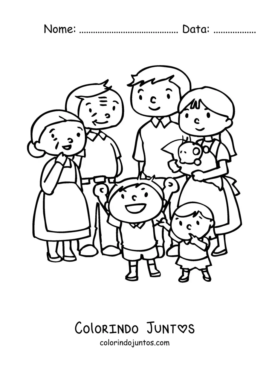 Desenho para colorir de um pai, uma mãe, dois filhos e um bebê recebendo um casal de avós