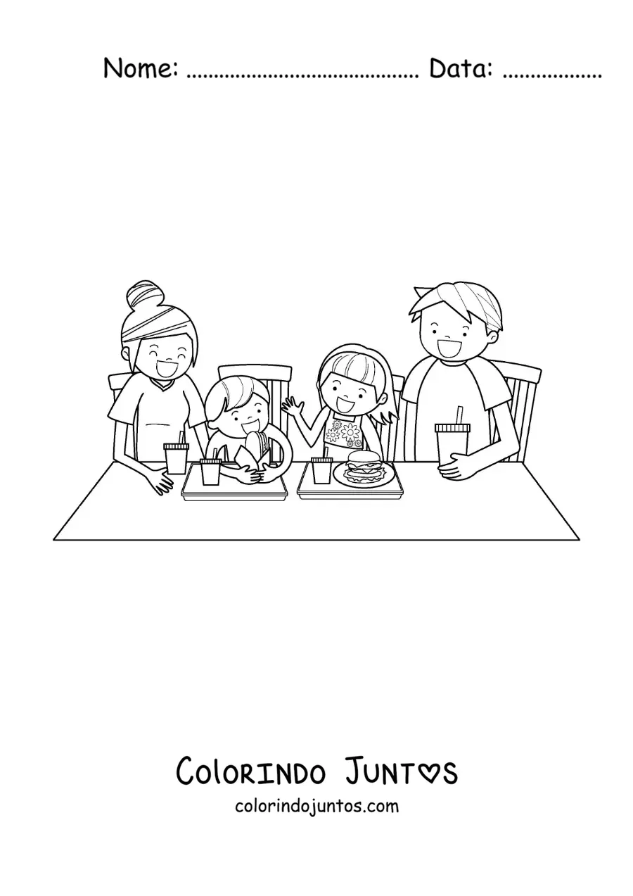 Desenho para colorir de uma família sentada à mesa comendo comida de fast-food