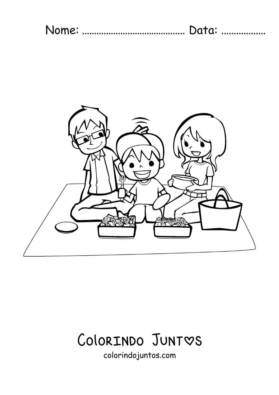 Desenho para colorir de um menino e seus pais comendo em um piquenique