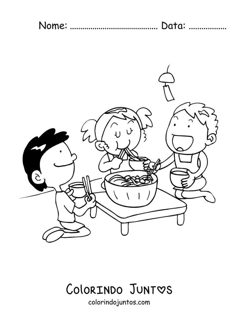 Desenho para colorir de crianças sentadas comendo comida asiática